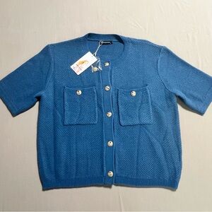 Blue Short Sleeve Knit Cardigan Sweater Women Med Gold Button Front Pockets NWT